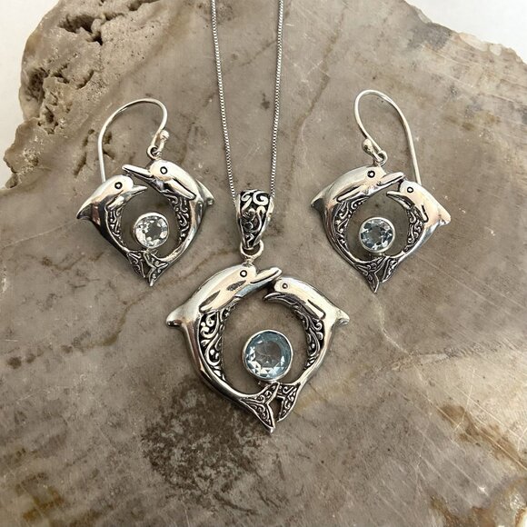 Sterling Silver 925 Blue Topaz Dolphin Earrings & Pendant Necklace Set 18" - Picture 1 of 16